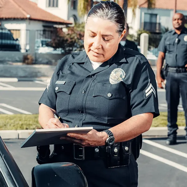 A police officer writing a traffic ticket.